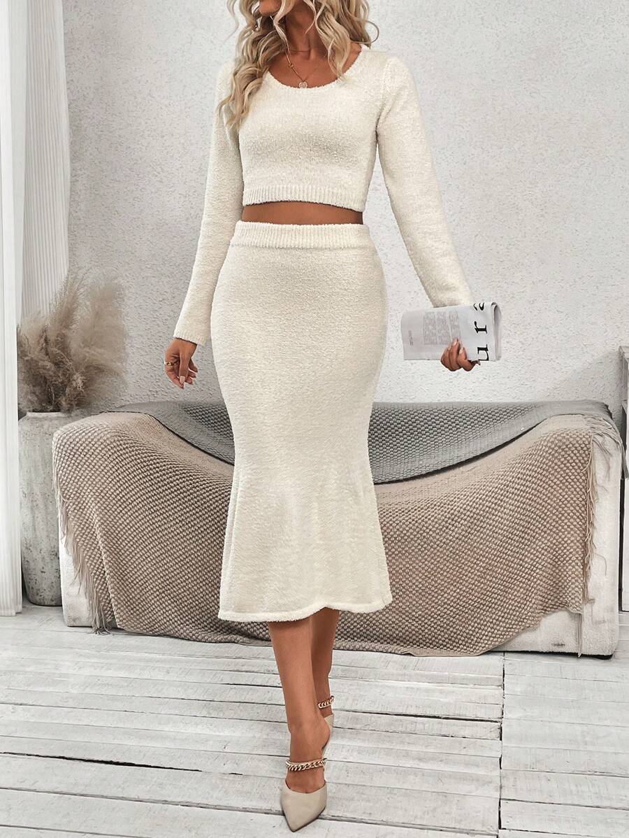 Chiquease Women's Solid Color Sweater And Fishtail Half Sweater Skirt Two-Piece Set Fall Cloth For Women - Beige - View 1