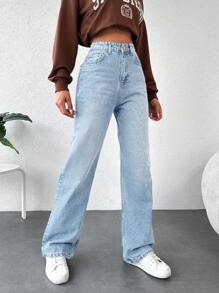 EURMUSE Solid Color Straight Leg Casual Denim Pants - Light Wash - View 4