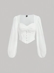SHEIN MOD 甜心領抽褶胸部燈籠袖短款上衣 - 白色 - 查看 1