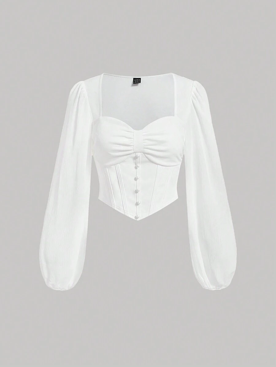 SHEIN MOD 甜心領抽褶胸部燈籠袖短款上衣 - 白色 - 查看 1