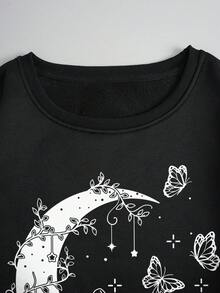 SHEIN EZwear Plus Size Round Neck Butterfly And Moon Pattern Women's Sweatshirt - Black - View 6