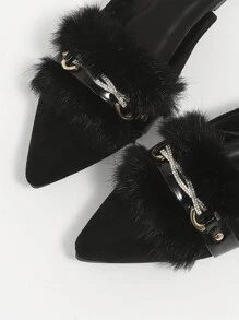 Women's Elegant Flat Pointed Toe Faux Suede Black Slippers With Fur Trim - Black - View 4