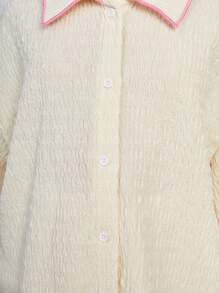 SHEIN Tween 女童撞色纽扣衬衫领休闲家居服套装 - 杏色 - 查看 3