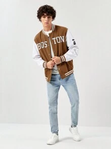 Manfinity RebelGame Áo khoác Varsity họa tiết chữ cỡ lớn dành cho nam, dành cho mùa thu đông - màu nâu - Xem 3