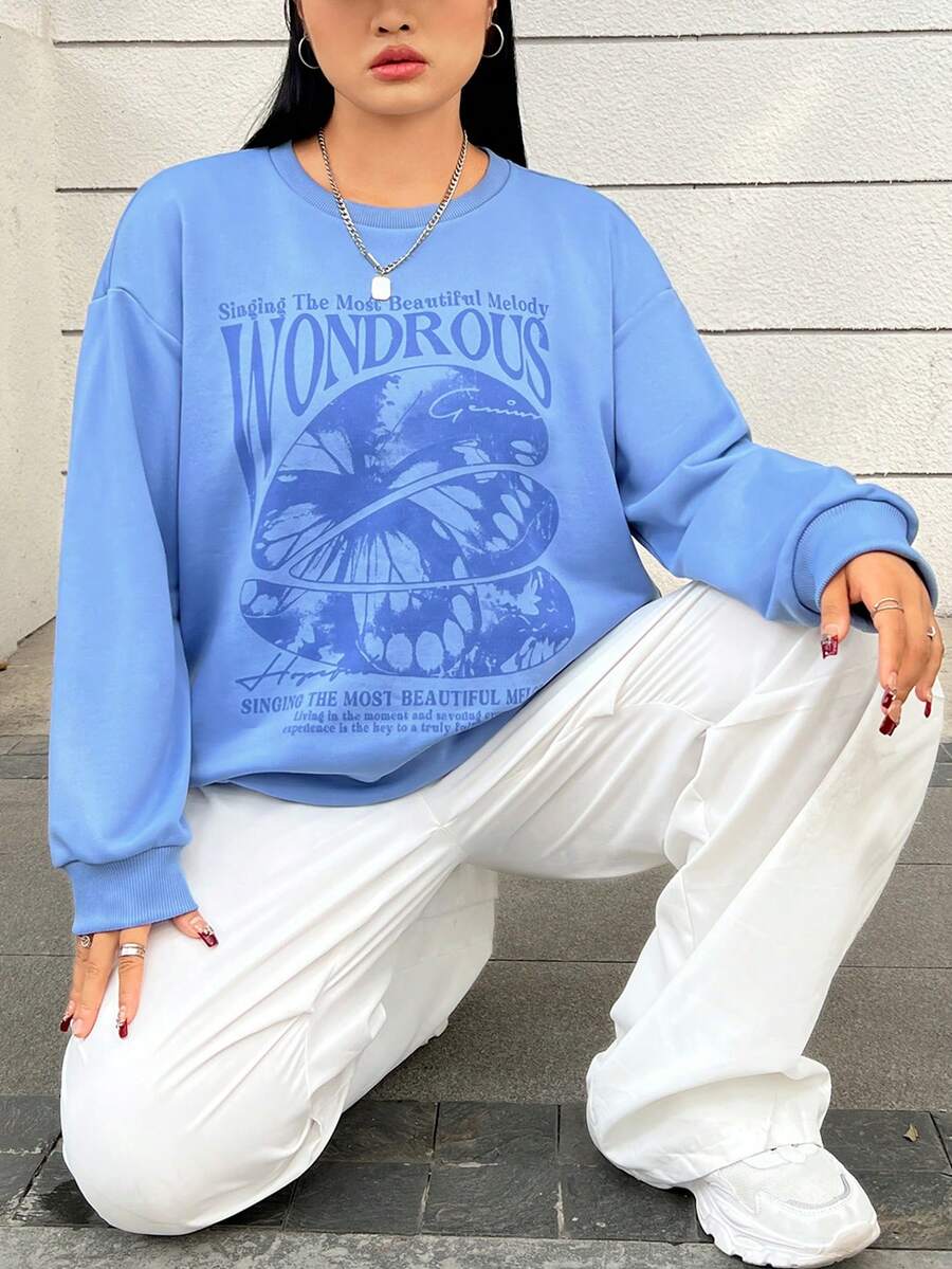 SHEIN EZwear 大尺碼蝴蝶印花圓領運動衫 - 藍色 - 查看 1