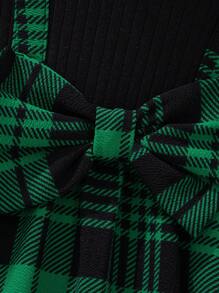 SHEIN Young Girl Plaid Print Bow Front 2 In 1 Dress - Green - View 4