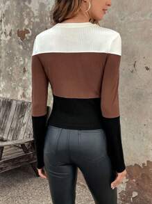 SHEIN LUNE Áo thun cổ tròn màu tương phản ôm vừa vặn dành cho nữ Áo thun họa tiết dành cho nữ - Nhiều màu - Xem 2