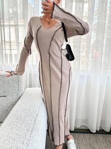 RueChic Robe À Surpiqûres À Ourlet Ondulé Fendu - Beige - Voir 3