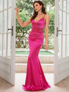 MUXXN 深V领美人鱼裙摆缎面鸡尾酒会礼服 - 玫紅色 - 查看 5