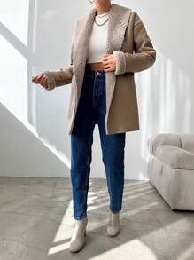 SHEIN Cottnline Women's Fleece Lined Pu Jacket With Patchwork Design - Mocha Brown - View 4