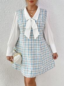 SHEIN Franclia 大碼格紋印花繫帶領假兩件洋裝 - 彩色 - 查看 1