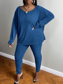 Slaydiva Plus Drop Shoulder Twist Back Tee & Leggings - Royal Blue - View 4