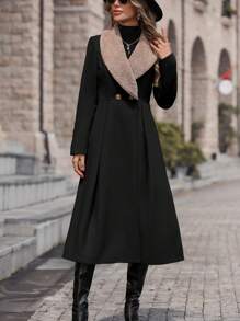 SHEIN Clasi 拼接毛絨領雙排釦花呢外套 - 黑色 - 查看 3