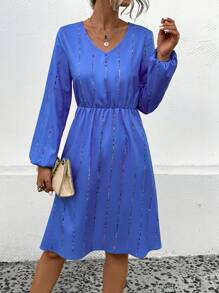 SHEIN LUNE Striped Print Lantern Sleeve A-line Dress - Royal Blue - View 2