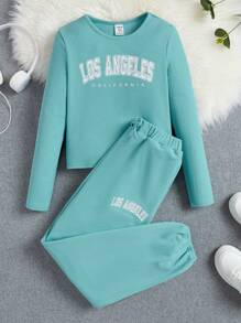 SHEIN Tween Girl Letter Graphic Tee & Sweatpants - Mint Green - View 1