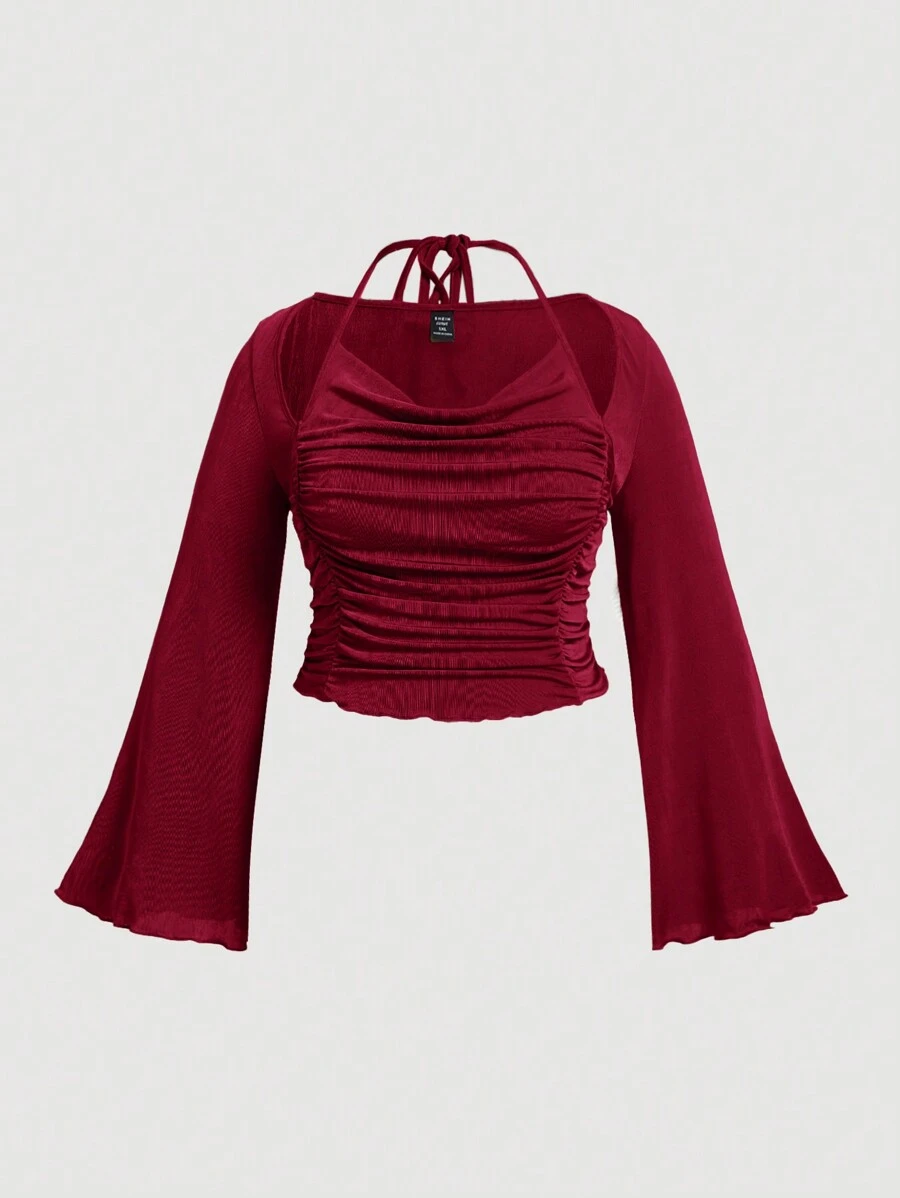 SHEIN MOD Plus Draped Collar Tie Back Trumpet Sleeve Ruched Tee - Burgundy - View 1