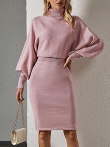 SHEIN Frenchy 單色高領蝙蝠袖毛衣連衣裙 - 粉色 - 查看 6