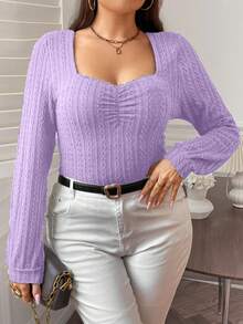 SHEIN Franclia Kích thước lớn Áo thun Với Người yêu Vòng cổ Và Xếp - Màu tím - Xem 4