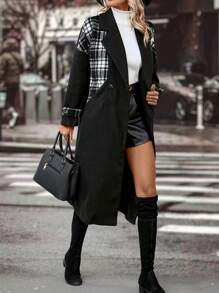 Calvaya Manteau En Laine À Carreaux Pour Femmes Avec Col Haut Et Patchwork
