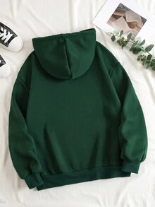 加大码字母与心形印花抽绳连帽运动衫，带保暖内衬和落肩 - 墨綠色 - 查看 2