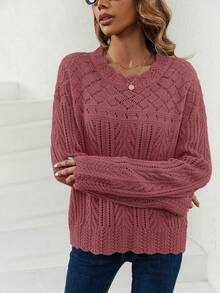 SHEIN Frenchy Pointelle Knit Drop Shoulder Sweater - Redwood - View 4