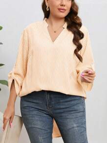 SHEIN LUNE Của phụ nữ Kích thước lớn Sọc Áo sơ mi Với Khía Đường viền cổ áo - trái cam - Xem 1