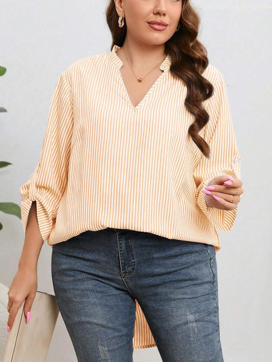 SHEIN LUNE Của phụ nữ Kích thước lớn Sọc Áo sơ mi Với Khía Đường viền cổ áo - trái cam - Xem 1