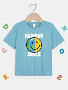 Young Boy Cartoon & Letter Graphic Tee - Dusty Blue - View 1