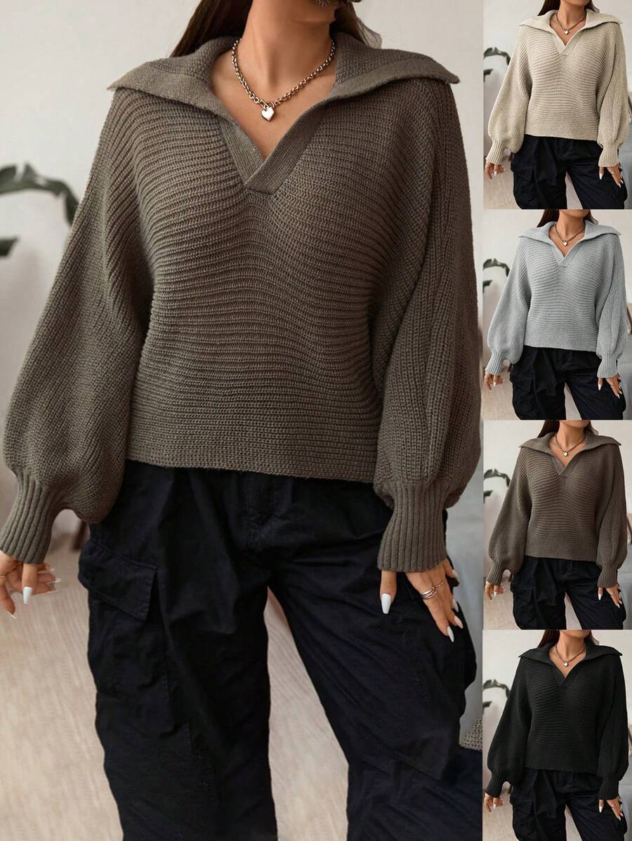 Flirla 加大码纯色蝙蝠袖针织套头衫秋冬毛衣 - 紫紅色 - 查看 1