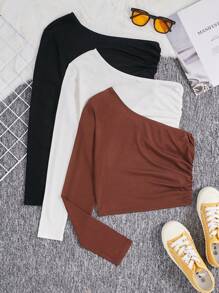 SHEIN Teen Girls' Knit Ribbed Ruched One Shoulder T-Shirt 3pcs/Set - Multicolor - View 1