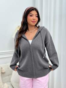 SHEIN EZwear Plus Size Hooded Cardigan With Rabbit Pattern, Zipper And Drawstring - Grey - View 6