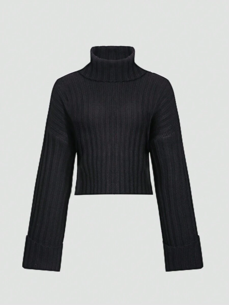 SHEIN Unity Women's High Neck Solid Color Drop Shoulder Sweater Knit Pullover Fall Winter Outfit - Black - View 1