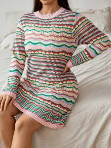 Flirla Plus Size Colorful Striped Sweater Dress - Multicolor - View 3