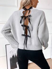 SHEIN Clasi Women's Back Bow-Knot Knit Pullover Fall Winter Sweater - Grey - View 1