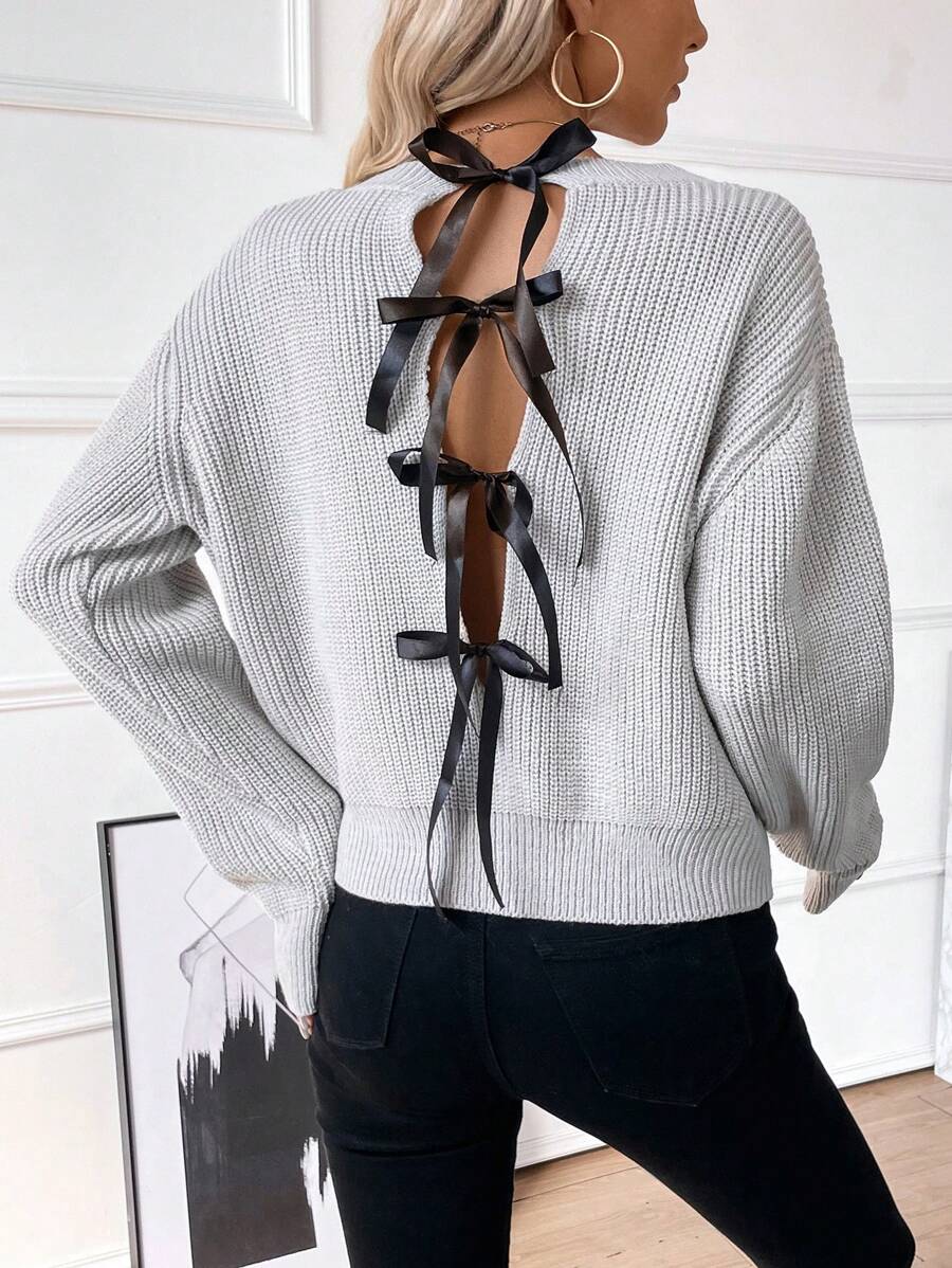 SHEIN Clasi Women's Back Bow-Knot Knit Pullover Fall Winter Sweater - Grey - View 1