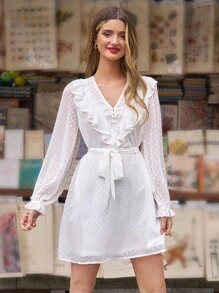 SHEIN Frenchy Của phụ nữ Màu thuần Ruffled Chấm Swiss Váy có thắt lưng - trắng - Xem 6