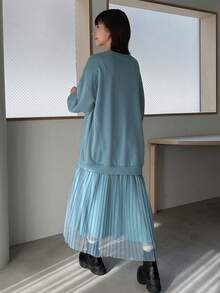 FRIFUL 女式網布拼接下擺落肩連身裙 - 藍色 - 查看 2