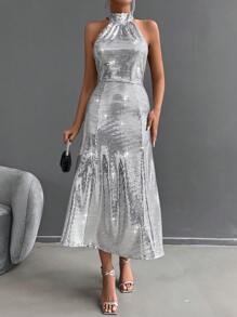 EURMUSE Vestido Plateado De Lentejuelas Para El Cuello Halter Para Mujer, Ideal Para Fiestas - Plateado - Ver 3