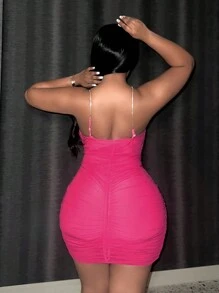 Slaydiva 大碼素色褶邊緊身洋裝 - 玫紅色 - 查看 2