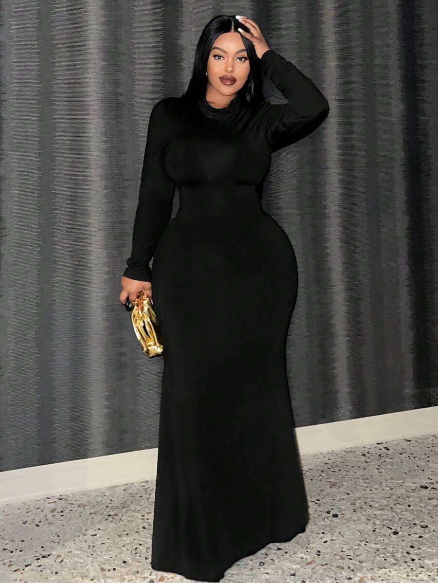 Slaydiva 大碼素色小高領緊身洋裝 - 黑色 - 查看 1