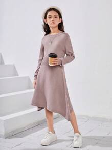 SHEIN Tween Girl Solid A-line Knit Dress - Pink - View 3