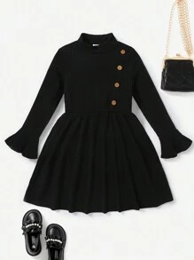 SHEIN Kleines Mädchen Kleid mit Stehkragen, Knopf Detail, augestellten Ärmeln