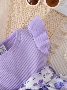 Đứa bé gái In hoa Viền Ruffle Đầm - Màu tím - Xem 5