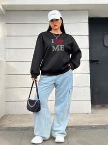 SHEIN EZwear 大尺碼女款黑色針織鑲鑽字母圖案圓領運動衫 - 黑色 - 查看 4