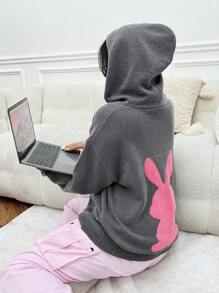 SHEIN EZwear Plus Size Hooded Cardigan With Rabbit Pattern, Zipper And Drawstring - Grey - View 5