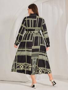 Mulvari Kích thước lớn Họa tiết Hình học Thắt lưng Váy sơ mi - màu đen - Xem 2