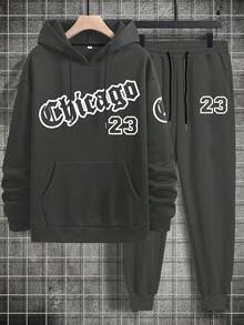 Manfinity Homme Men Plus Alphabet Pattern Hoodie And Pants Set - Grey - View 5