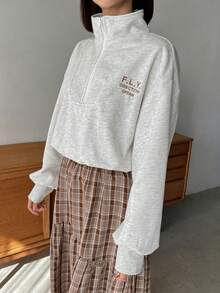 FRIFUL Letter Embroidery Half Zip Drop Shoulder Sweatshirt - Grey - View 6