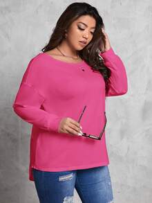 SHEIN Essnce Plus Size Back Crossed Drop Shoulder T-shirt - Hot Pink - View 3