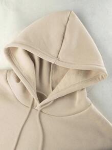 INAWLY Áo hoodie lông cừu màu trơn có túi Kangaroo và dây rút, áo dài tay - Màu be - Xem 4